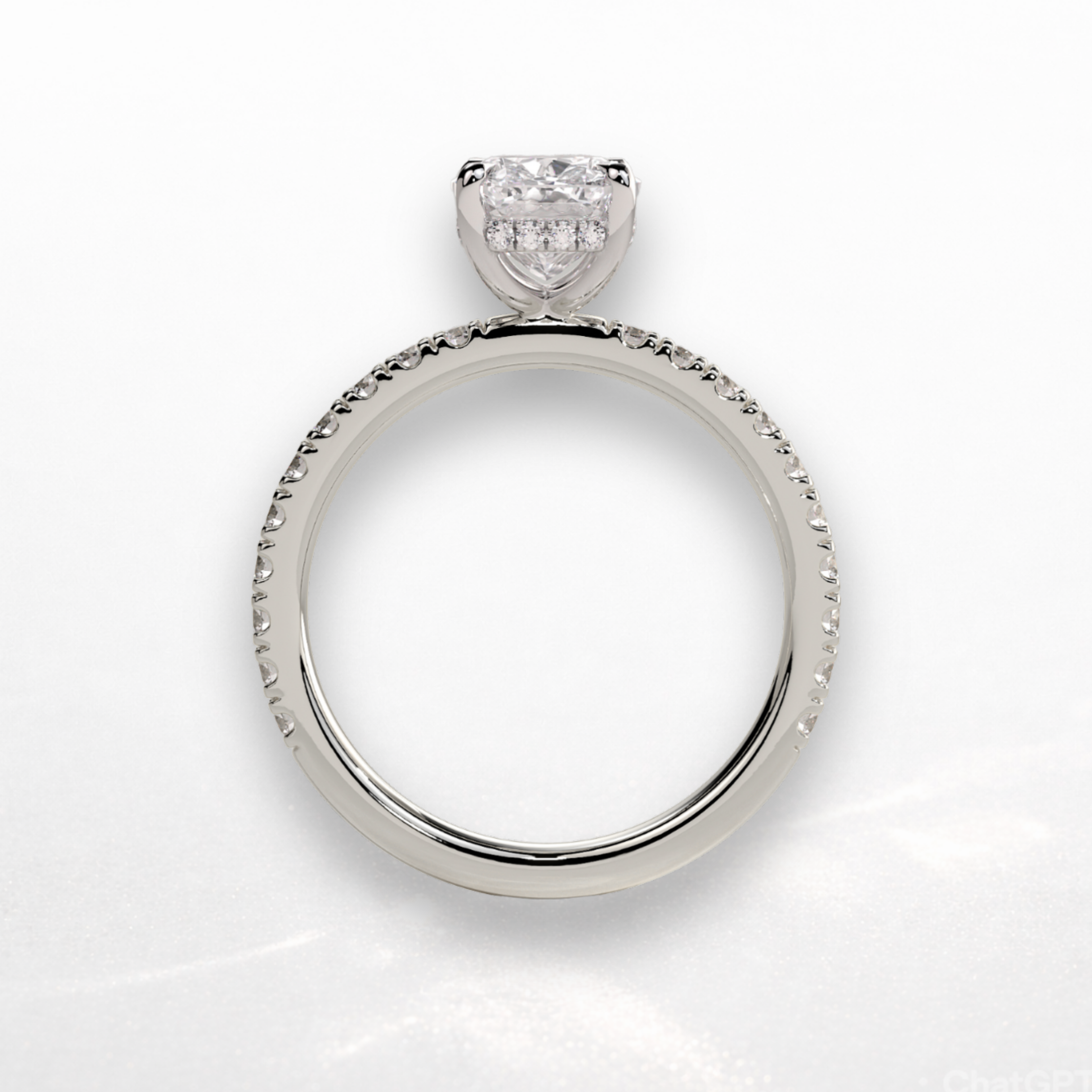 Elongated Cushion Pavé Solitaire Ring with Hidden Halo